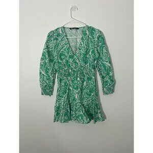 Zara Green & White PRINTED LINEN BLEND MINI Long Sleeve DRESS Size XS